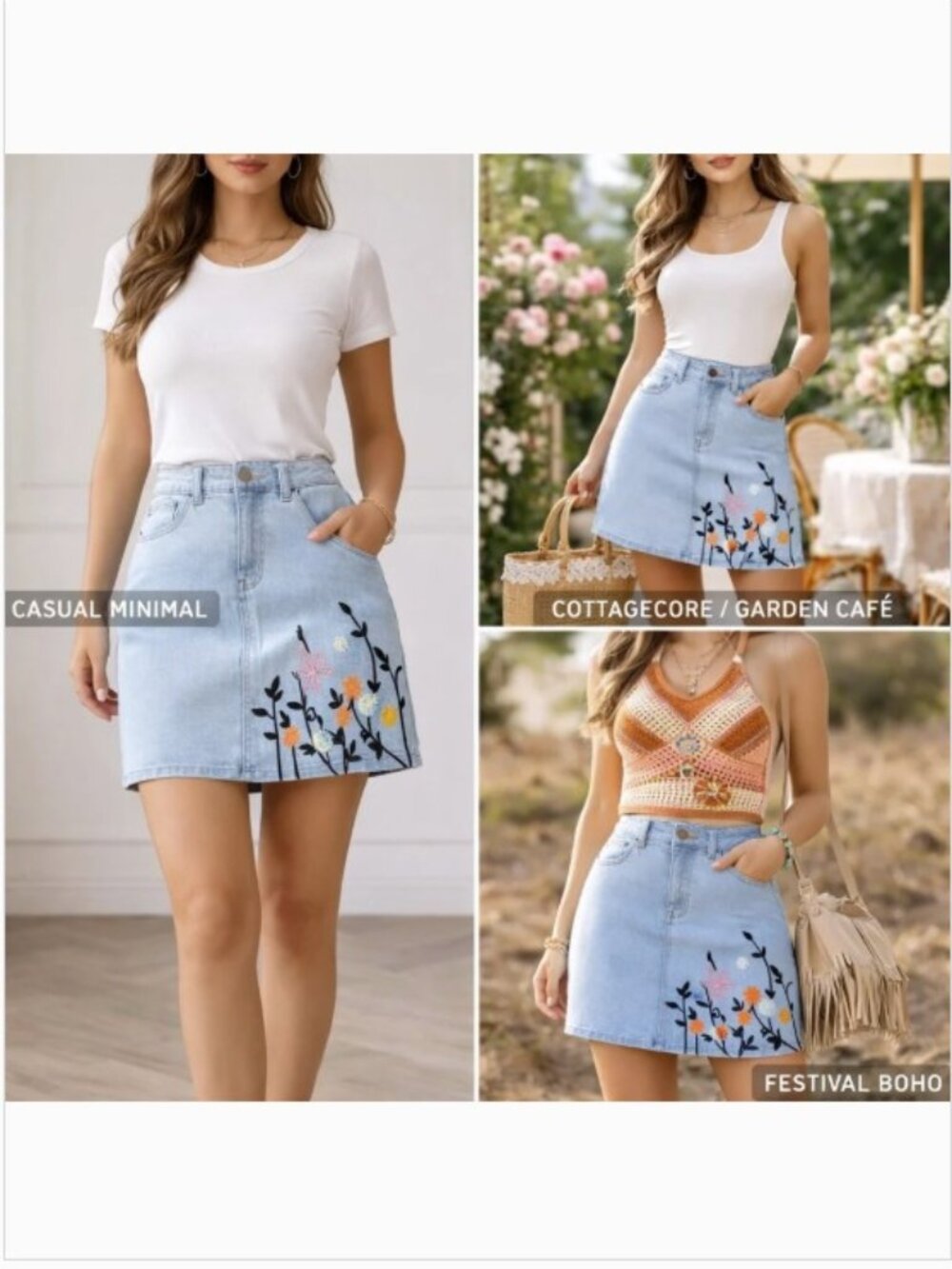 Boho Denim Mini Skirt Light Blue 6 by ASOS - Floral Embroidery Y2K Cottagecore